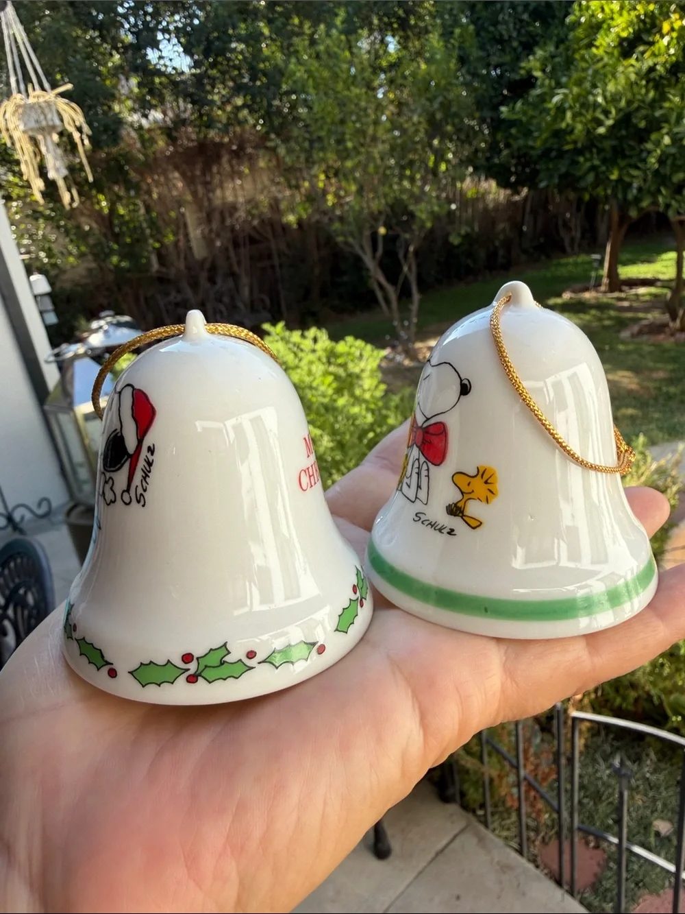 Vintage Peanuts Snoopy & Woodstock Ceramic Christmas Bell Ornament.1975-1976.